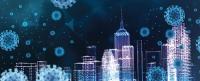 Coronavirus, virus effect to economic business, 3D New york city and virtual virus, finance economy and business concept